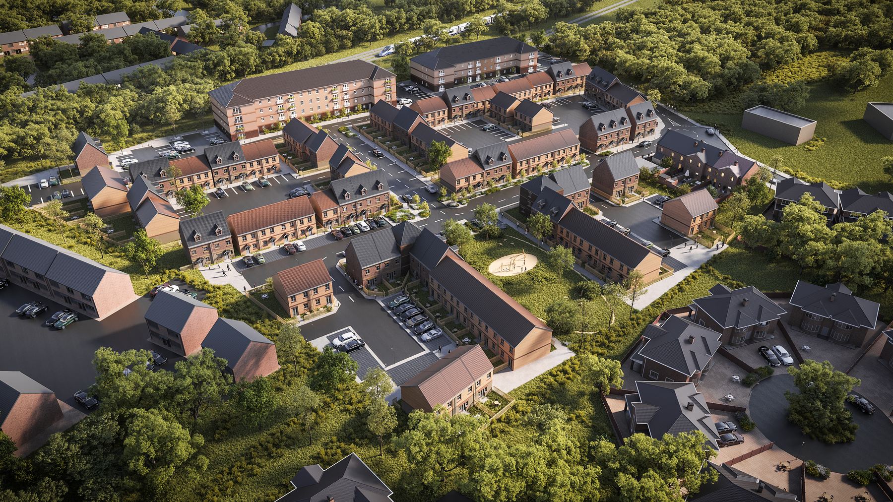 Aerial CGI of a new build housing development