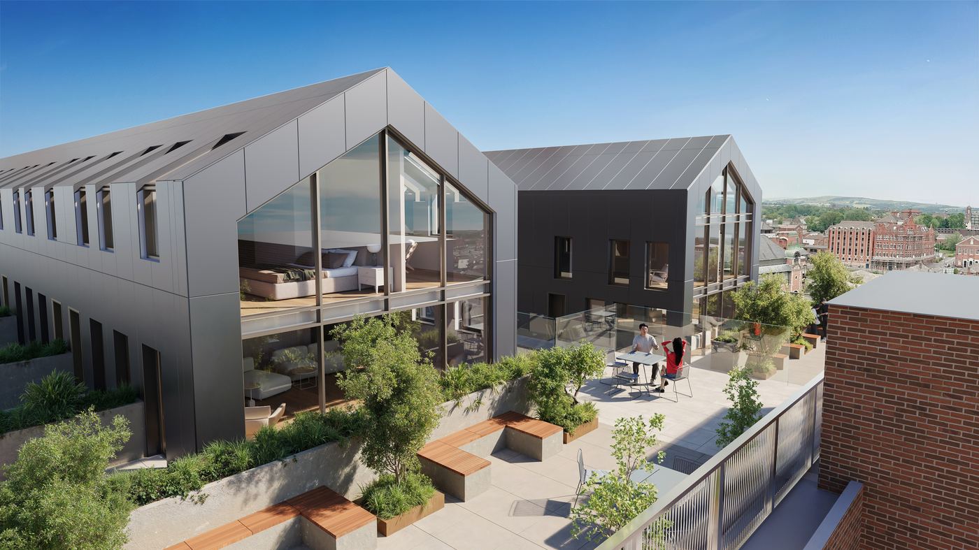 CGI of rooftop penthouses with a shared terrace